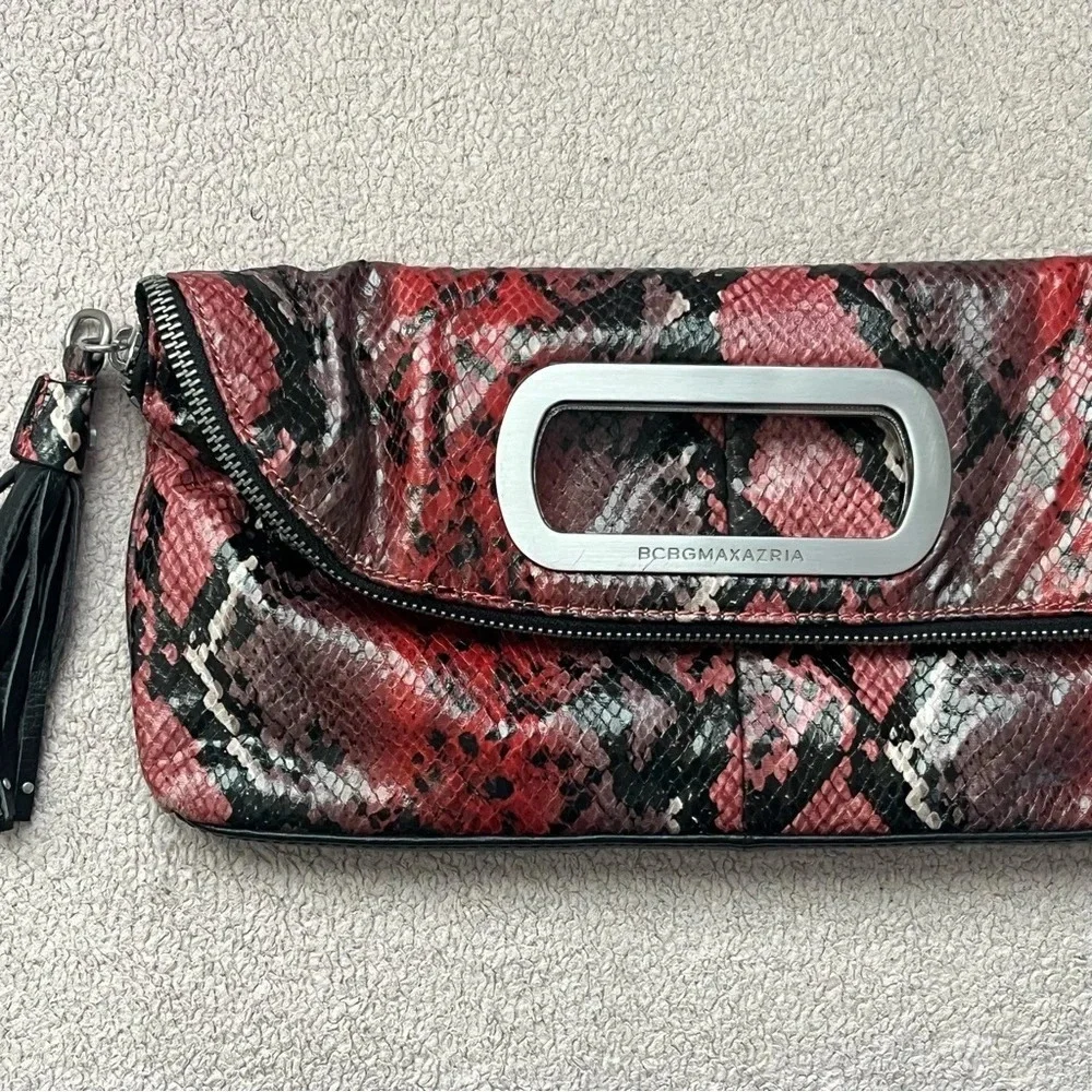 BCBGMaxAzria Clutch Purse Red/Black Exotic Zipper Tassel Handbag Foldable Clean